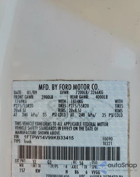 2009 Ford F150 Supercrew из США, поврежденный, VIN 1FTPW14V99KB33415